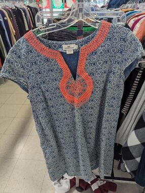 Vineyard Vines Dress Blue Pattern with Coral Pink Trim Sz 14